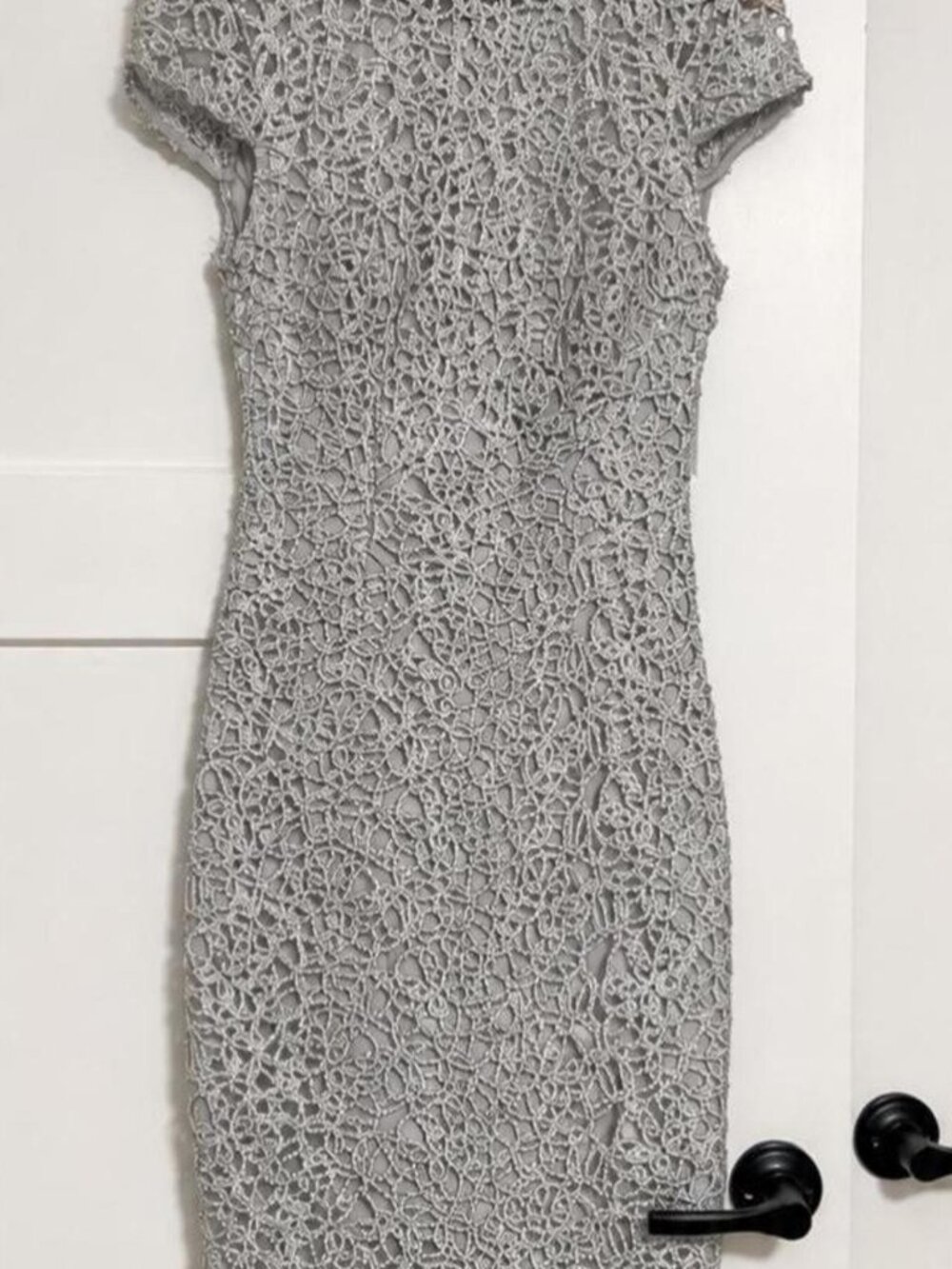 Premier Amour Silver Sparkly dress with swirling heavy beaded pattern size 8
